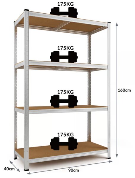 Regál s vysokou nosnosťou HEAVY, max. 700kg, 90x40x160cm, strieborná Monzana