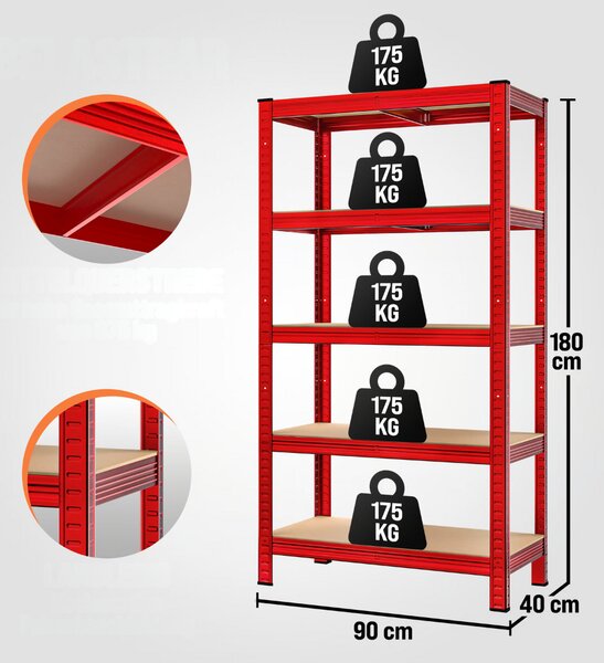 Regál s vysokou nosnosťou HEAVY, max. 875kg, 90x40x180cm, červená Monzana