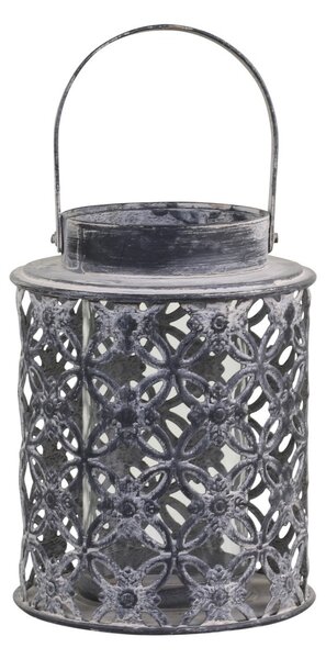 Sivá plechová antik lampáš s kvetmi Ornion - Ø14*18cm - Chic Antique
