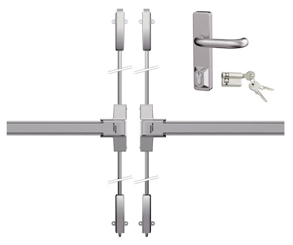 MPkovania DK - PANIKOVÉ KOVANIE PHB 1202/1202 - 4-bodové zaistenie D2/2H-2D Prevedenie: SET D2/2H-2D pre šírku dverného krídla do 1100 mm s max. výškou 2350 mm + kľučka a vložka