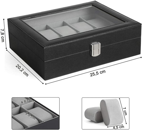 SONGMICS Puzdro na 10 ks hodiniek čierne 25 x 7 x 20 cm