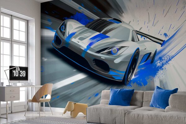 Tapety dynamické športové auto v digitálnom štýle kresby s modrými akcentmi, Jedinečné tapety, w05069 : Uwalls.sk