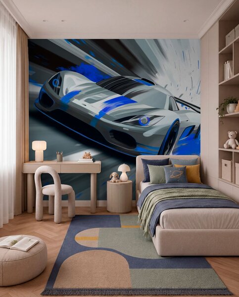 Tapety dynamické športové auto v digitálnom štýle kresby s modrými akcentmi, Jedinečné tapety, w05069 : Uwalls.sk