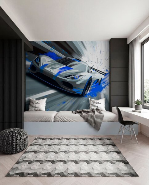 Tapety dynamické športové auto v digitálnom štýle kresby s modrými akcentmi, Jedinečné tapety, w05069 : Uwalls.sk
