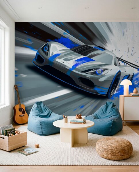 Tapety dynamické športové auto v digitálnom štýle kresby s modrými akcentmi, Jedinečné tapety, w05069 : Uwalls.sk