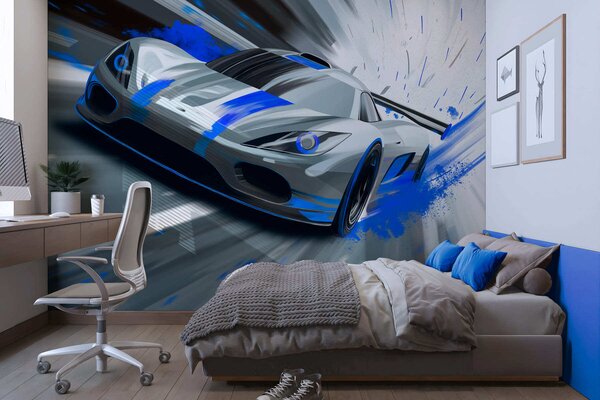 Tapety dynamické športové auto v digitálnom štýle kresby s modrými akcentmi, Jedinečné tapety, w05069 : Uwalls.sk