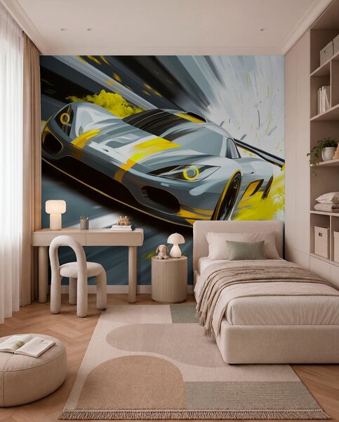 Tapety dynamické športové auto v digitálnom štýle kresby so žltými akcentmi, Jedinečné tapety, w05069v2 : Uwalls.sk