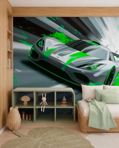 Tapety dynamické športové auto v digitálnom štýle kresby so zelenými akcentmi, Jedinečné tapety, w05069v4 : Uwalls.sk