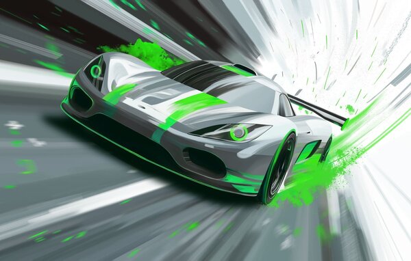 Tapety dynamické športové auto v digitálnom štýle kresby so zelenými akcentmi, Jedinečné tapety, w05069v4 : Uwalls.sk
