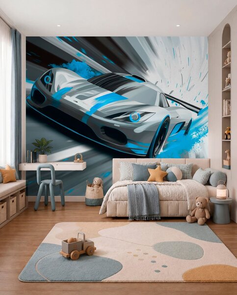 Tapety dynamické športové auto v digitálnom štýle kresby s tyrkysovými akcentmi, Jedinečné tapety, w05069v3 : Uwalls.sk