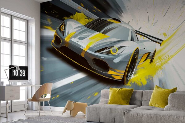 Tapety dynamické športové auto v digitálnom štýle kresby so žltými akcentmi, Jedinečné tapety, w05069v2 : Uwalls.sk