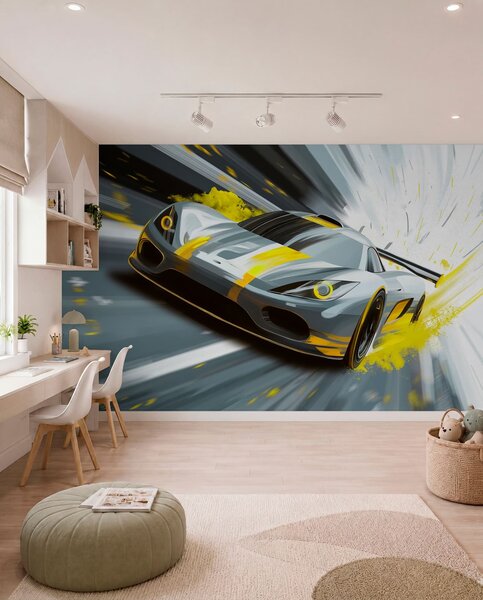 Tapety dynamické športové auto v digitálnom štýle kresby so žltými akcentmi, Jedinečné tapety, w05069v2 : Uwalls.sk