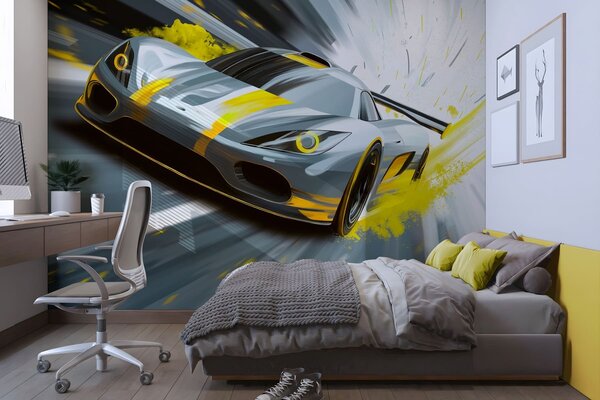 Tapety dynamické športové auto v digitálnom štýle kresby so žltými akcentmi, Jedinečné tapety, w05069v2 : Uwalls.sk