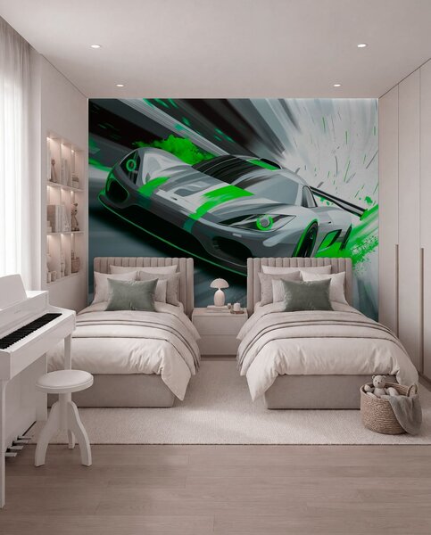 Tapety dynamické športové auto v digitálnom štýle kresby so zelenými akcentmi, Jedinečné tapety, w05069v4 : Uwalls.sk