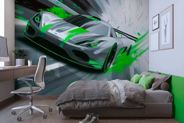 Tapety dynamické športové auto v digitálnom štýle kresby so zelenými akcentmi, Jedinečné tapety, w05069v4 : Uwalls.sk