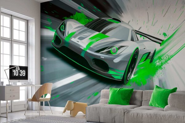 Tapety dynamické športové auto v digitálnom štýle kresby so zelenými akcentmi, Jedinečné tapety, w05069v4 : Uwalls.sk