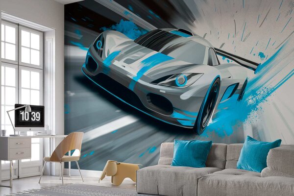 Tapety dynamické športové auto v digitálnom štýle kresby s tyrkysovými akcentmi, Jedinečné tapety, w05069v3 : Uwalls.sk