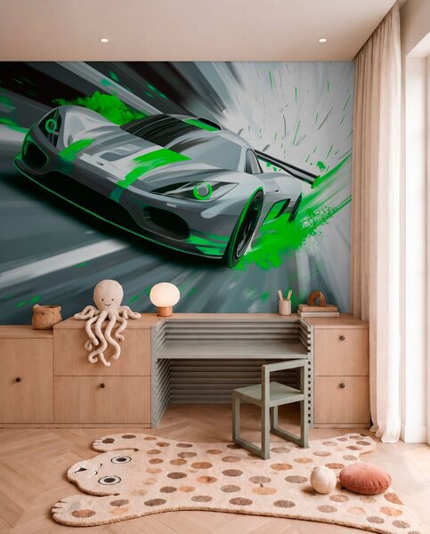 Tapety dynamické športové auto v digitálnom štýle kresby so zelenými akcentmi, Jedinečné tapety, w05069v4 : Uwalls.sk
