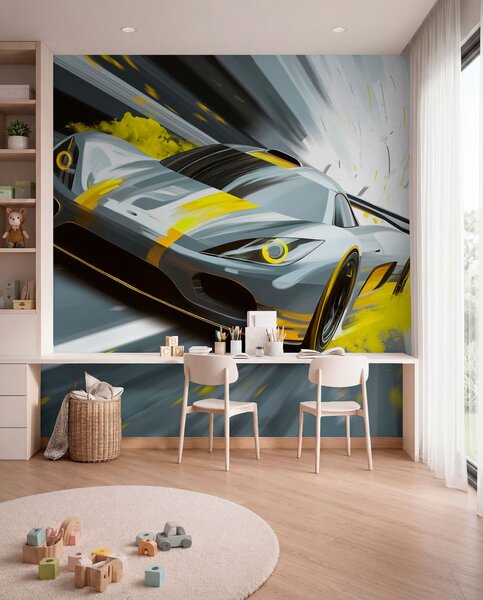 Tapety dynamické športové auto v digitálnom štýle kresby so žltými akcentmi, Jedinečné tapety, w05069v2 : Uwalls.sk