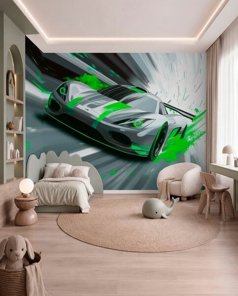 Tapety dynamické športové auto v digitálnom štýle kresby so zelenými akcentmi, Jedinečné tapety, w05069v4 : Uwalls.sk