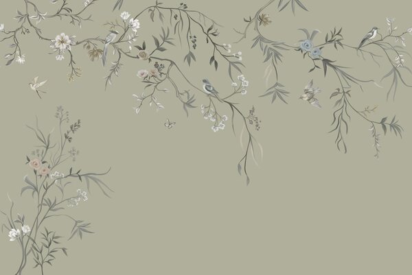 Tapety Konáre a vtáky na olivovej, Fototapety s kvetmi, w05127v6 : Uwalls.sk