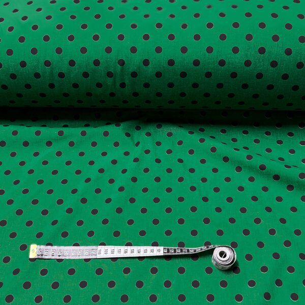 Bavlnená látka, vzor Černá Bodka na Zelenom podklade 10 mm, metráž 160 cm