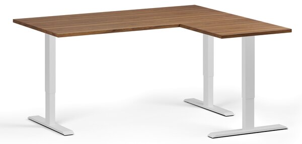 Rohový výškovo nastaviteľný stôl, 160x140 cm, 3 motory, L/P, biela podnož, orech