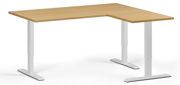 Rohový výškovo nastaviteľný stôl, 160x140 cm, 3 motory, L/P, biela podnož, buk