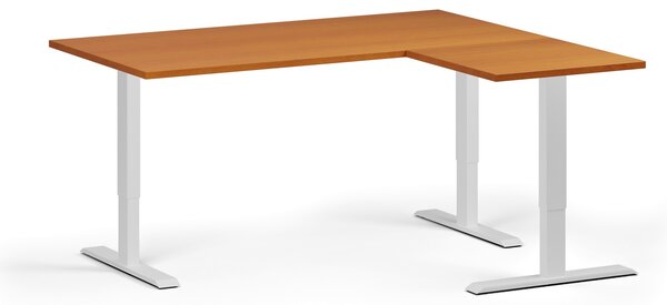 Rohový výškovo nastaviteľný stôl, 160x140 cm, 3 motory, L/P, biela podnož, čerešňa