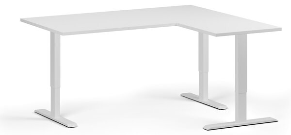 Rohový výškovo nastaviteľný stôl, 160x140 cm, 3 motory, L/P, biela podnož, biela