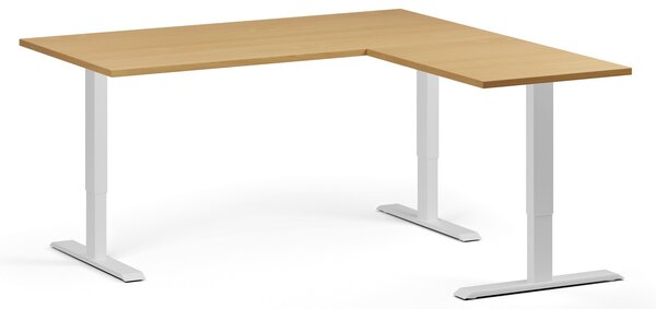 Rohový výškovo nastaviteľný stôl, 160x160 cm, 3 motory, L/P, biela podnož, buk