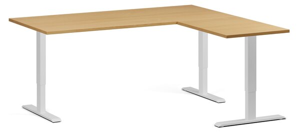 Výškovo nastaviteľný stôl, 180x160 cm, 3 motory, L/P, biela podnož, buk