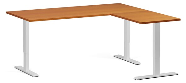 Výškovo nastaviteľný stôl, 180x160 cm, 3 motory, L/P, biela podnož, čerešňa