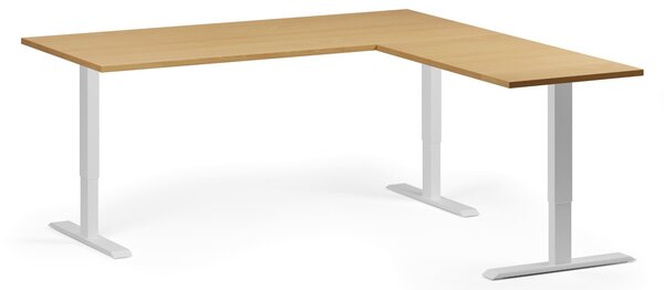 Výškovo nastaviteľný stôl, 180x180 cm, 3 motory, L/P, biela podnož, buk