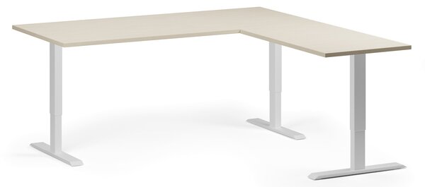 Výškovo nastaviteľný stôl, 180x180 cm, 3 motory, L/P, biela podnož, breza
