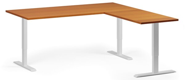 Výškovo nastaviteľný stôl, 180x180 cm, 3 motory, L/P, biela podnož, čerešňa