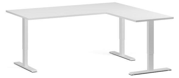 Výškovo nastaviteľný stôl, 180x160 cm, 3 motory, L/P, biela podnož, biela