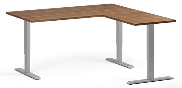 Výškovo nastaviteľný stôl, 160x160 cm, 3 motory, L/P, sivá podnož, orech