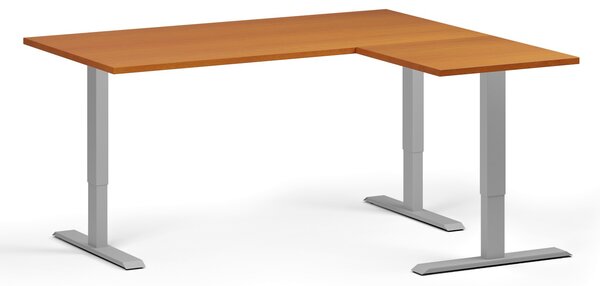 Výškovo nastaviteľný stôl, 160x140 cm, 3 motory, L/P, sivá podnož, čerešňa