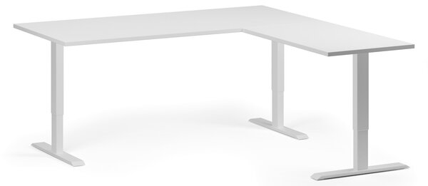 Výškovo nastaviteľný stôl, 180x180 cm, 3 motory, L/P, biela podnož, biela