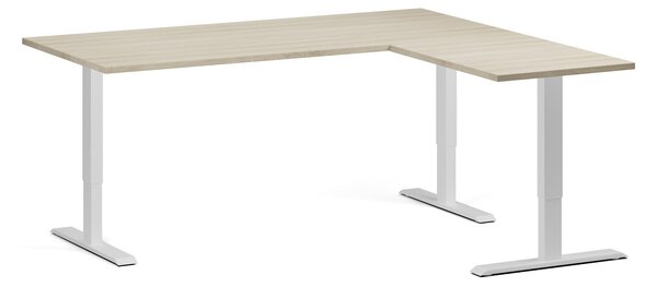 Výškovo nastaviteľný stôl, 180x160 cm, 3 motory, L/P, biela podnož, dub prírodný