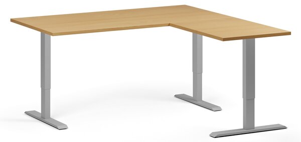 Výškovo nastaviteľný stôl, 160x160 cm, 3 motory, L/P, sivá podnož, buk