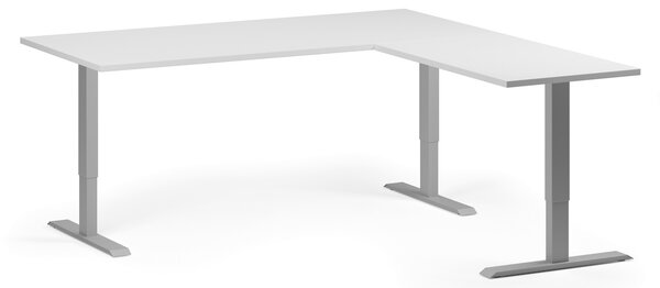 Výškovo nastaviteľný stôl, 180x180 cm, 3 motory, L/P, sivá podnož, biela