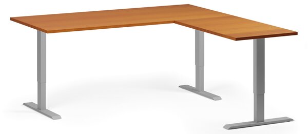 Výškovo nastaviteľný stôl, 180x180 cm, 3 motory, L/P, sivá podnož, čerešňa