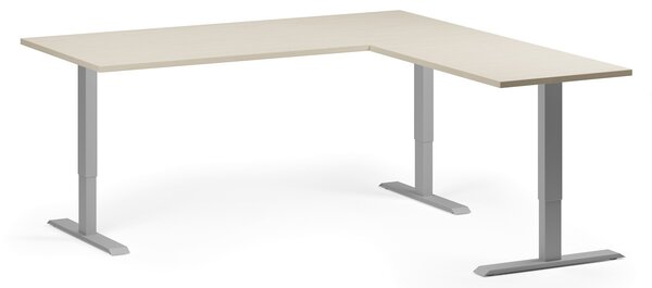 Výškovo nastaviteľný stôl, 180x180 cm, 3 motory, L/P, sivá podnož, breza