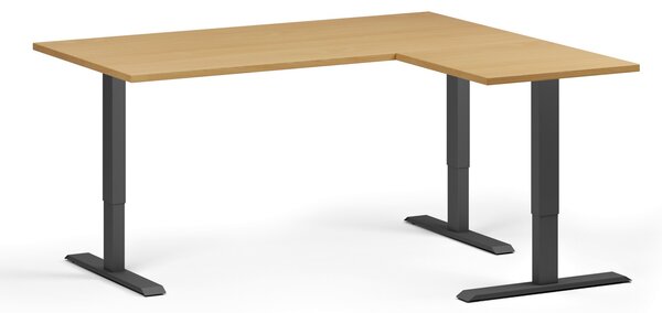 Výškovo nastaviteľný stôl, 160x140 cm, 3 motory, L/P, čierna podnož, buk