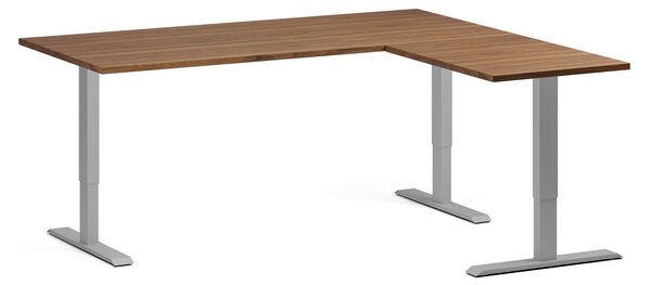 Výškovo nastaviteľný stôl, 180x160 cm, 3 motory, L/P, sivá podnož, orech