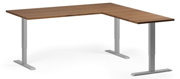 Výškovo nastaviteľný stôl, 180x180 cm, 3 motory, L/P, sivá podnož, orech