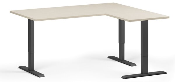 Výškovo nastaviteľný stôl, 160x140 cm, 3 motory, L/P, čierna podnož, breza