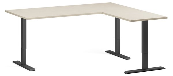 Výškovo nastaviteľný stôl, 180x160 cm, 3 motory, L/P, čierna podnož, breza